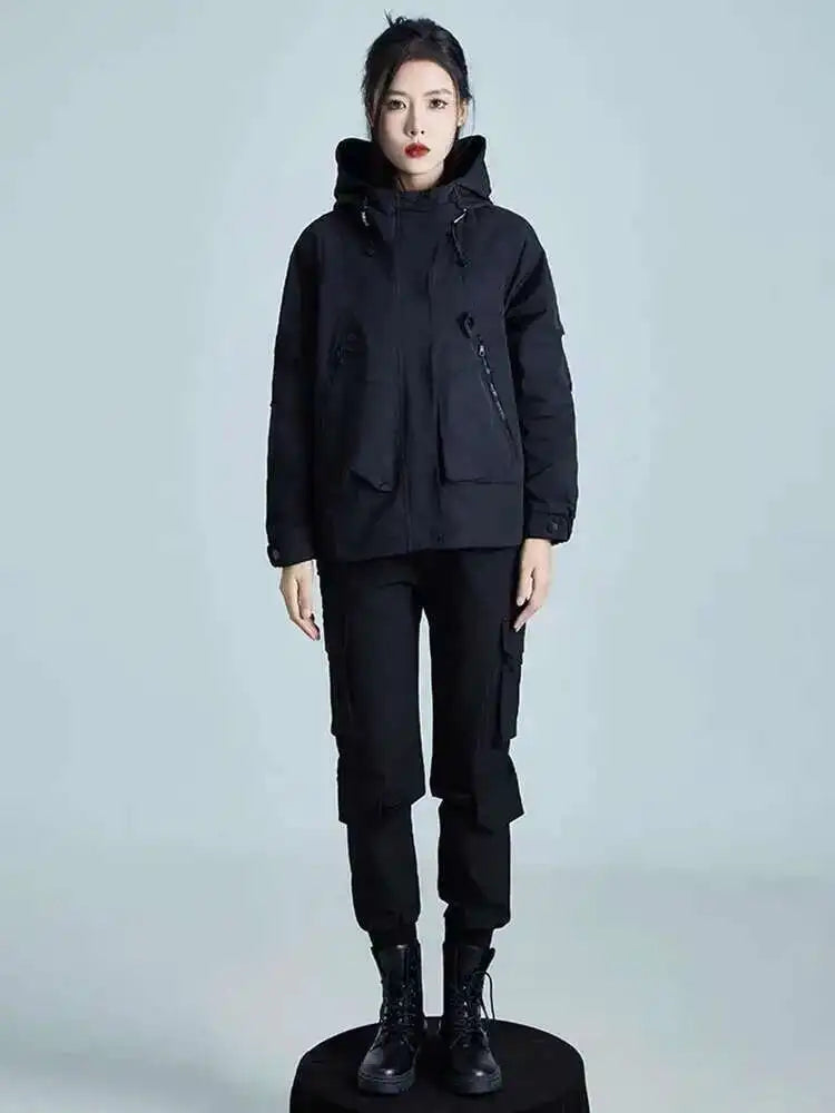 Black Big Size Loose Fit Pocket Casual Jacket New Hooded Long Sleeve Women Coat Fashion Tide Spring Autumn 2025 1DH3240