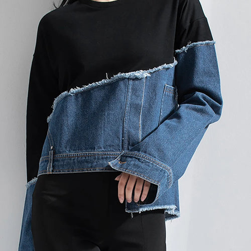 Load image into Gallery viewer, streetwear Asymmetrical sweatshirt for women round neck long sleeve patchwork denim colorblock sweatshirts females
