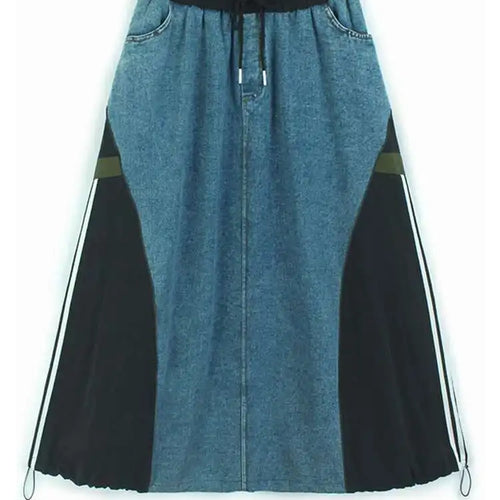 Load image into Gallery viewer, High Elastic Waist Black Denim Color-block Drawstring A-line Half-body Skirt Women Fashion New Spring Autumn 2025 1DH8432
