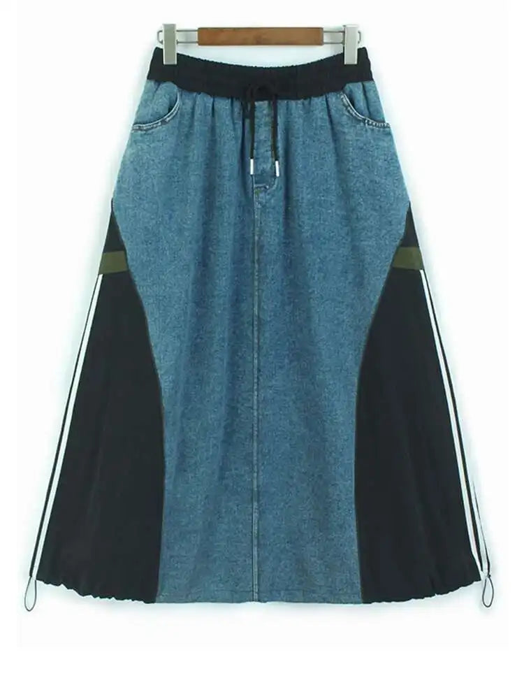 High Elastic Waist Black Denim Color-block Drawstring A-line Half-body Skirt Women Fashion New Spring Autumn 2025 1DH8432