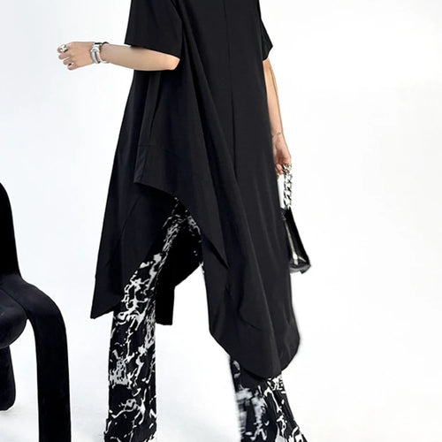 Load image into Gallery viewer, Women Black Side Slit Irregular Big Size Midi Shirt Dress New Lapel Short Sleeve Fashion Tide Spring Summer 2025 1DJ1121
