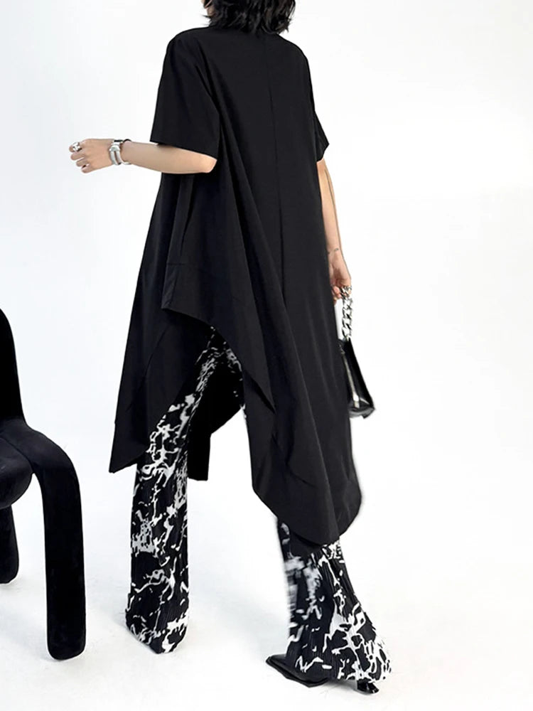 Women Black Side Slit Irregular Big Size Midi Shirt Dress New Lapel Short Sleeve Fashion Tide Spring Summer 2025 1DJ1121
