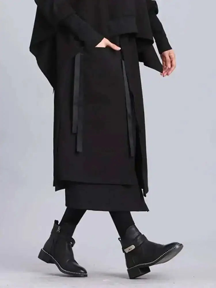 High Elastic Waist Black Irregular Ribbon Long Casual Half-body Skirt Women Fashion Tide New Spring Autumn 2025 JL233