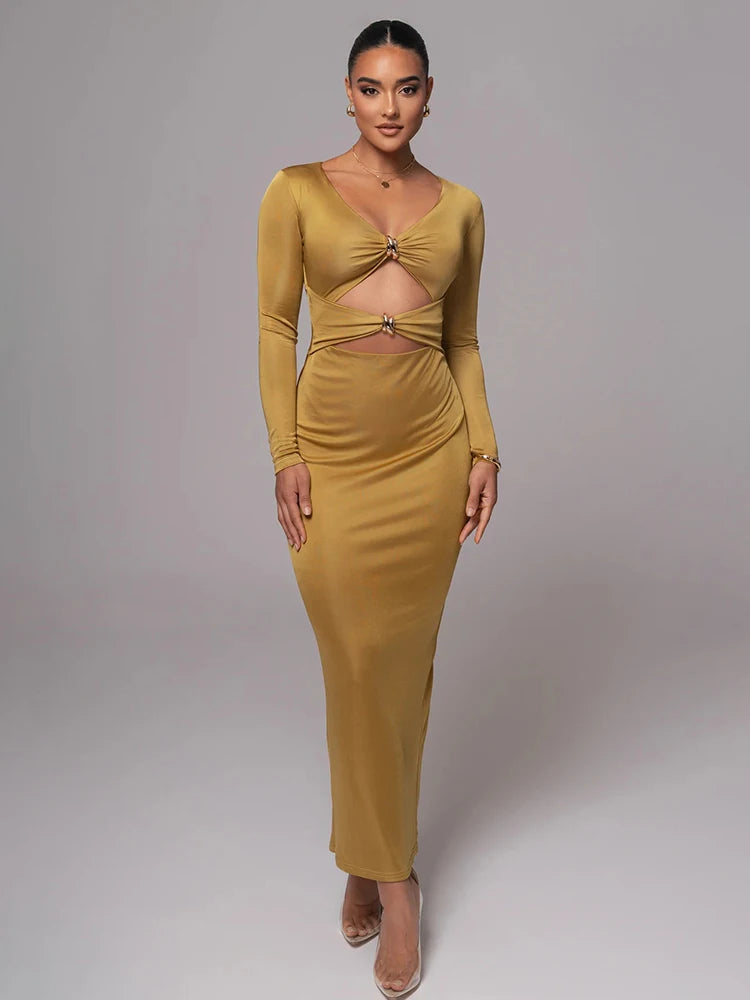 Hollow out long sleeve sexy maxi dress for women fashion solid V neck back split bodycon club long dress elegant