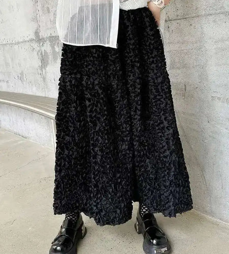 High Elastic Waist Black Three-dimensional Midi A-line Half-body Skirt Women Fashion Tide New Spring Autumn 2025 1DH6459