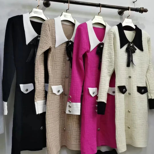 Load image into Gallery viewer, French Patchwork Long Sleeved Lapel Bow Dress Autumn Winter New Temperament Slim Button Knitted A-line Dress Women Chic Clothing

