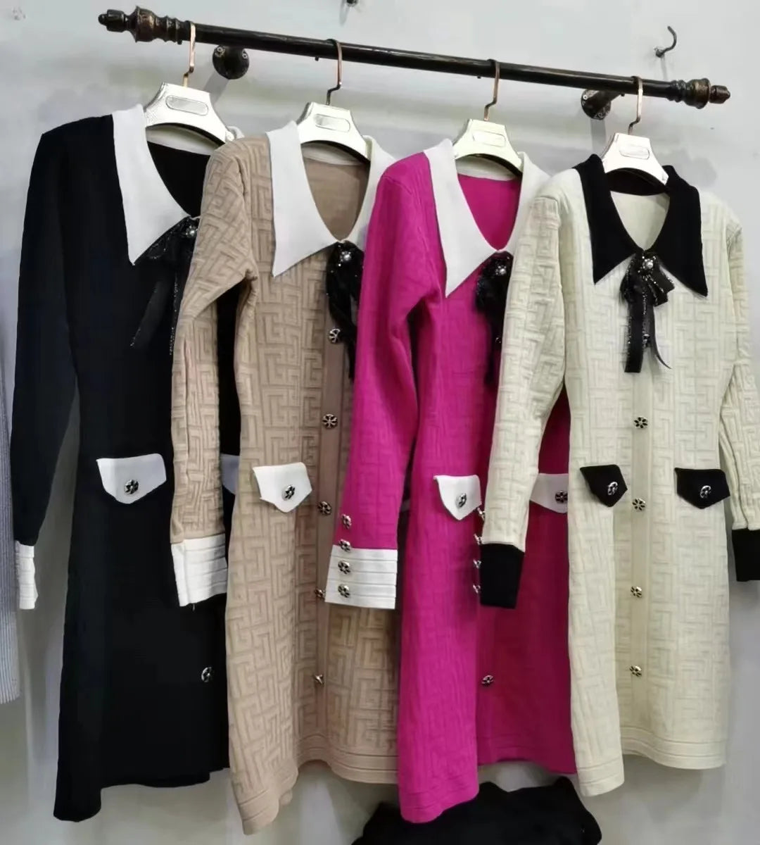 French Patchwork Long Sleeved Lapel Bow Dress Autumn Winter New Temperament Slim Button Knitted A-line Dress Women Chic Clothing