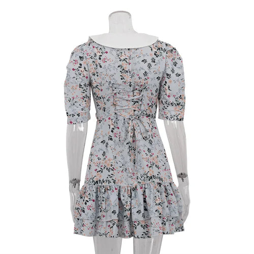 Load image into Gallery viewer, Short Sleeve Floral Mini Dress For Women Robe Turn-down Collar Elegant French Dress Ladies Fashion High Waist Dresses
