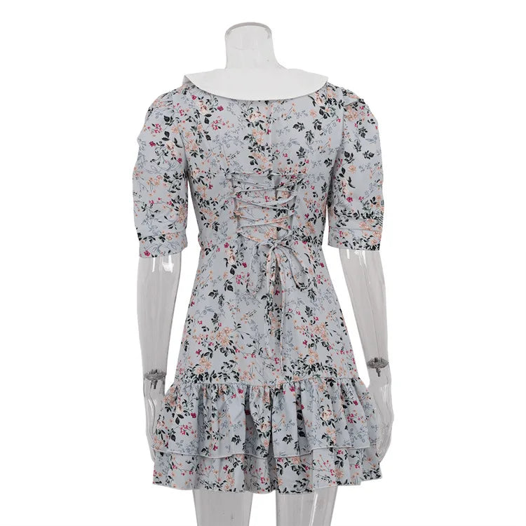 Short Sleeve Floral Mini Dress For Women Robe Turn-down Collar Elegant French Dress Ladies Fashion High Waist Dresses