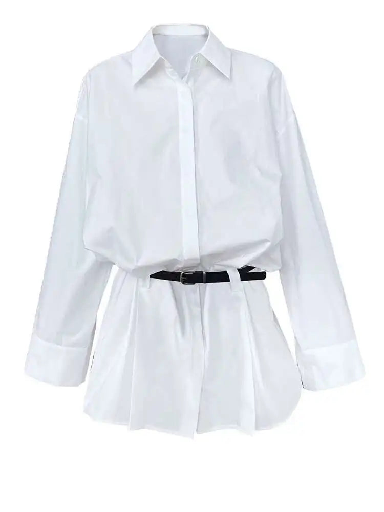 Women White Hem Pleated Elegant Big Size Mini Shirt Dress New Lapel Long Sleeve Fashion Tide Spring Autumn 2025 1DH9552