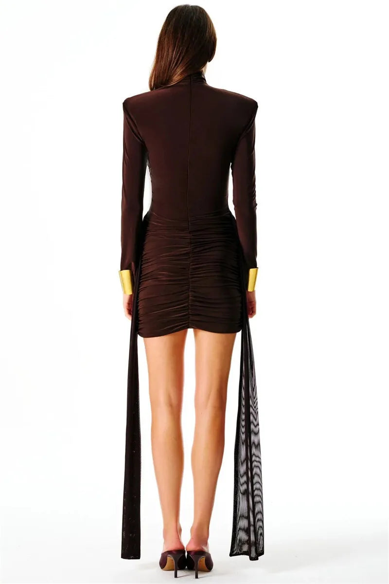 Turtleneck Long Sleeve Sexy Mini Dress For Women New Fashion Draped Ruched Bodycon Club Party Dress Elegant New Dresses
