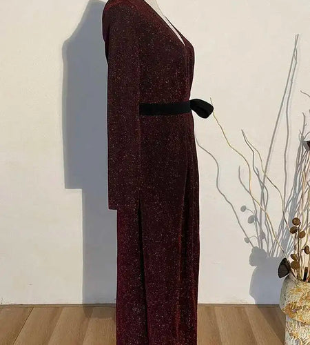 Women Long Wine Red Shining Bandage Long Trench New V-collar Long Sleeve Loose Windbreaker Fashion Spring 2025 JO57203