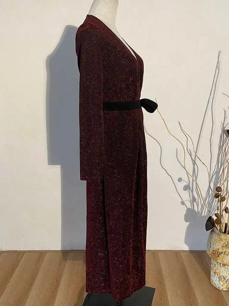 Women Long Wine Red Shining Bandage Long Trench New V-collar Long Sleeve Loose Windbreaker Fashion Spring 2025 JO57203