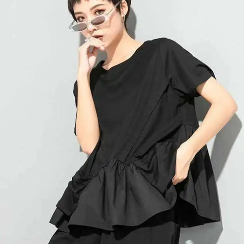 Load image into Gallery viewer, Women Black Hem Ruffles Big Size Casual T-shirt New Round Neck Short Sleeve Fashion Tide Spring Summer 2025 1DE9329
