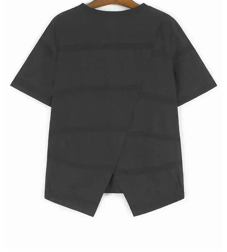 Women Black Striped Back Slit Big Size Casual T-shirt New Round Neck Short Sleeve Fashion Tide Spring Summer 2025 1DJ0712