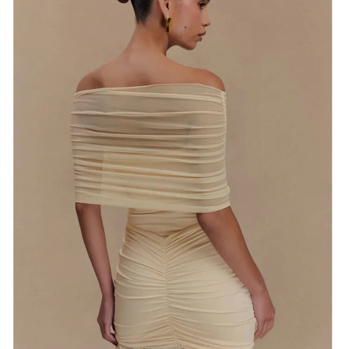 Load image into Gallery viewer, Elegant Off Shoulder Mesh Patchwork Elastic Tight Skirt Women Sexy Sleeveless Ruffle Mini Dress Female Party Dress 2025
