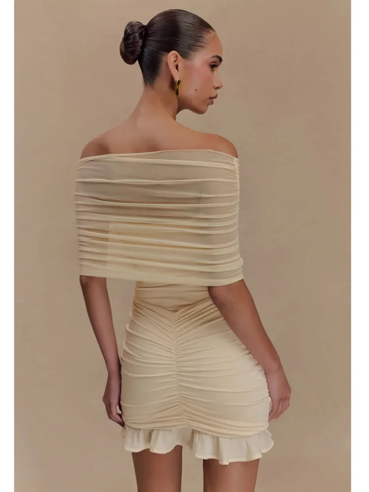 Elegant Off Shoulder Mesh Patchwork Elastic Tight Skirt Women Sexy Sleeveless Ruffle Mini Dress Female Party Dress 2025