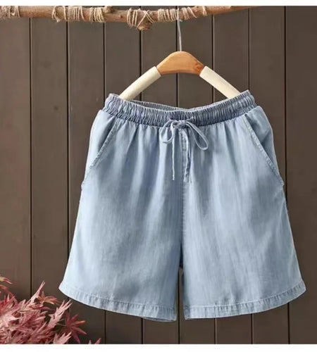 Blue Denim Shorts Women's Summer Elastic High Waist Drawstring Lace-up Fashion Plus Size Casual Jean Pleated Short Pants Fashion