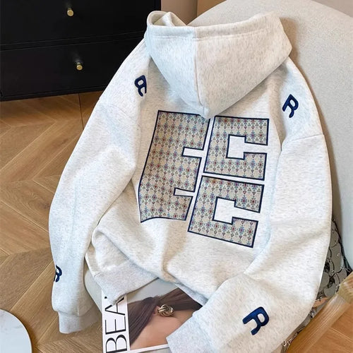 Load image into Gallery viewer, Y2k Women Gray Print Loose Hoodies Long Sleeve Sweatshirt Spring Autumn Blue Letter Embroidery Elegant Pocket Pullover Tops 2024
