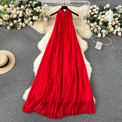 Load image into Gallery viewer, Red Loose Halter Bandage Long Dresses French Elegant Women's Summer Vacation Dress Off Shoulder Sleeveless Pleated Sundress Chic
