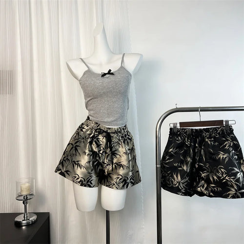 Load image into Gallery viewer, Vintage Women Drawstring Lace-up High Waist Jacquard Shorts Chinese Style Bamboo Leaf Print Wide Leg Short Pant 2024 New Summer
