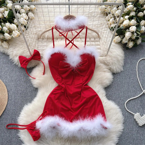Load image into Gallery viewer, Summer New Women's Sexy Club Temptation New Year Christmas Uniform Bow Decoration Backless Red Flirt Halter Bandage Mini Dresses
