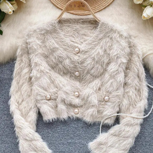 Load image into Gallery viewer, Female Women Fall Winter Solid Plush Mink Knitted Cardigan Sweater V-neck Long Sleeves Loose Single Breasted Jacket French Retro
