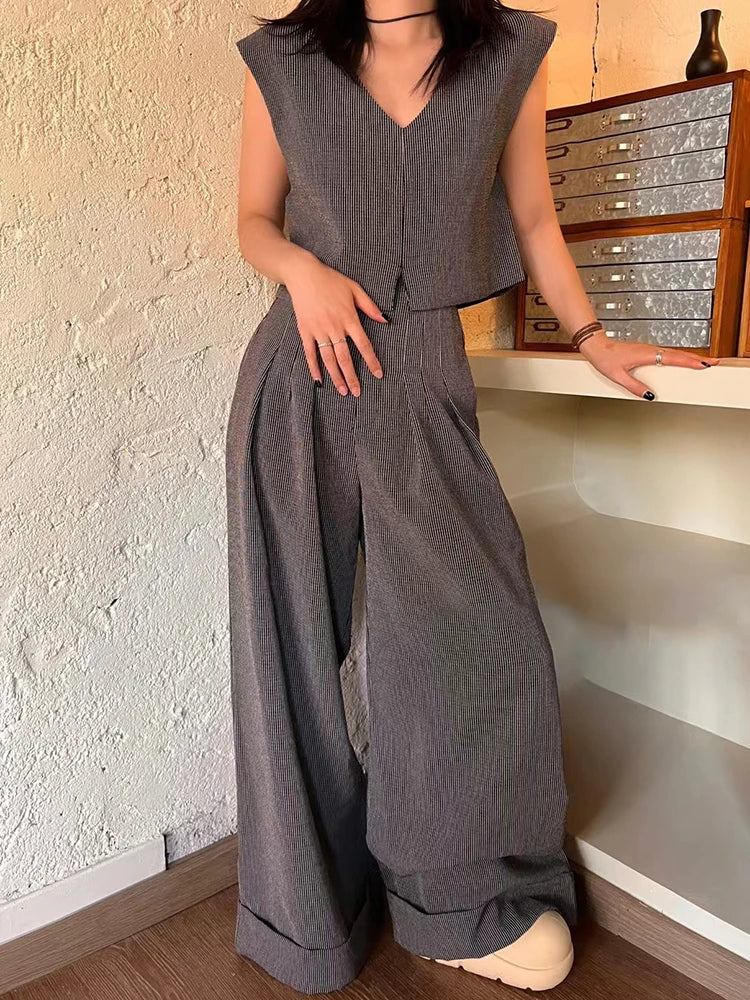 Solid Spliced Folds Pants For Women High Waist Patchwork Pockets Minimalist Casual Wide Leg Pant Female Fashion