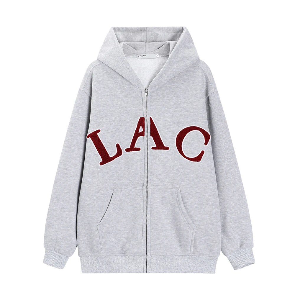Women Gray Letter Hoodies Tops Harajuku Korean Version Zip Up Loose Sweatshirts Autumn Casual Long Sleeve Hooded Coat Thick Chic