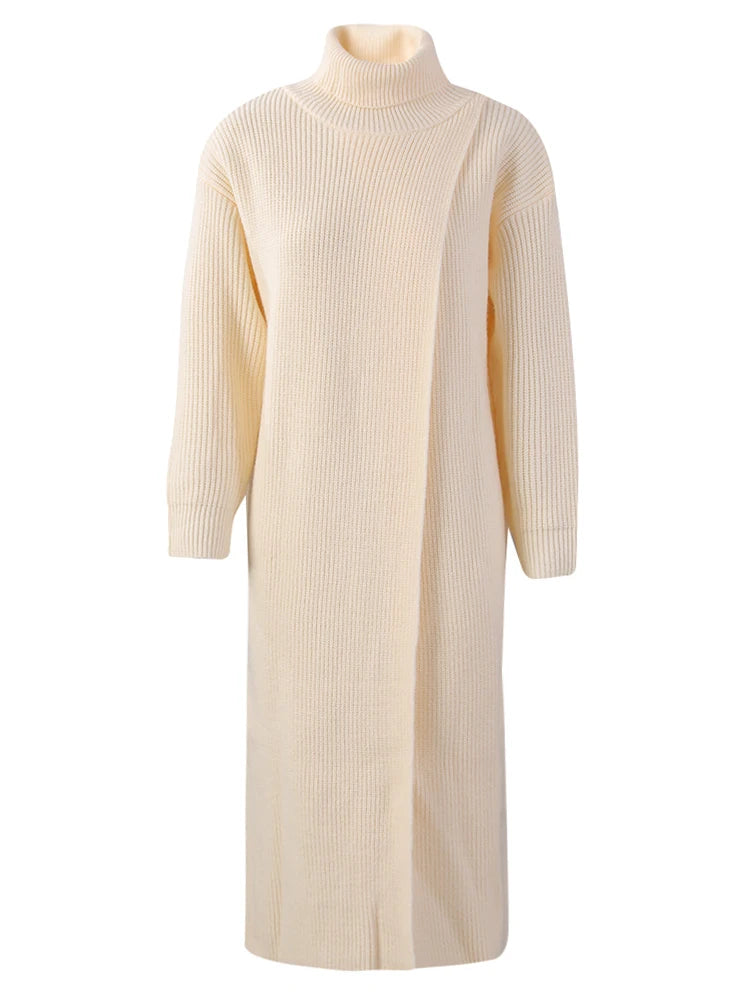 Women Orange Knitting Long Slit Big Size Dress New Turtleneck Long Sleeve Loose Fit Fashion Spring Autumn 2025 1DE5886