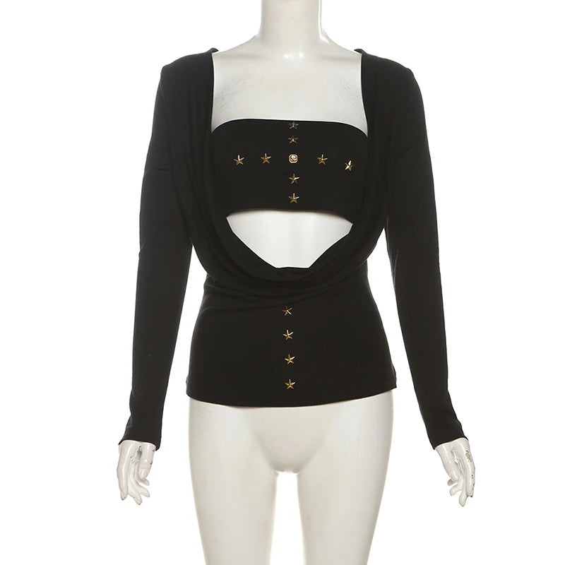 y2k Fairy Grunge Top Women Gothic Clothes Cowl Neck Long Sleeve T Shirt with Metal Star Tube Top 2000s Streetwear