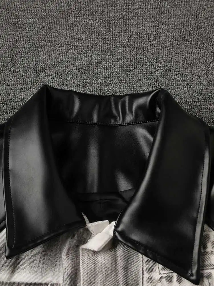 Black Denim Pu Leather Spliced Big Size Jacket New Lapel Long Sleeve Women Coat Fashion Tide Spring Autumn 2025 CPG2873
