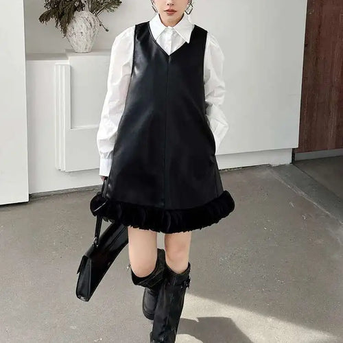 Load image into Gallery viewer, Black Leather Mesh Dress Shirt Two Pieces Suit New Lapel Long Sleeve Women Fashion Tide Spring Autumn 2025 1DH9256
