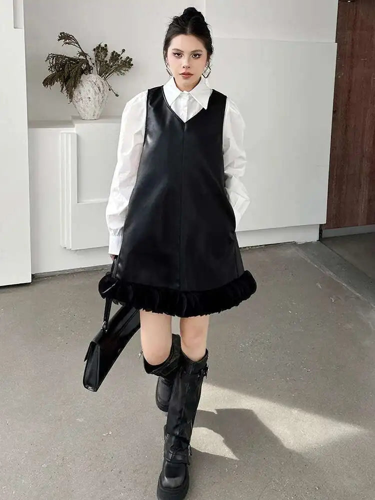 Black Leather Mesh Dress Shirt Two Pieces Suit New Lapel Long Sleeve Women Fashion Tide Spring Autumn 2025 1DH9256