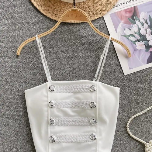 Load image into Gallery viewer, French Style Vintage Black Double Breasted Suspender Women's Summer Sexy Club Slim White Short Slip Top Fashion Versatile Simple
