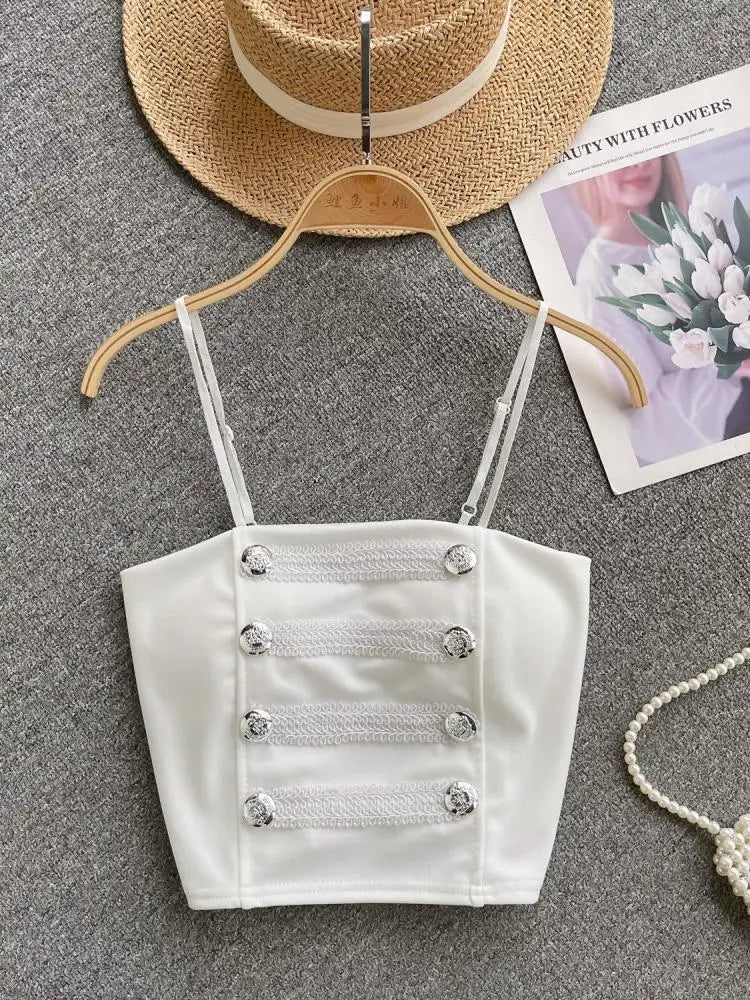 French Style Vintage Black Double Breasted Suspender Women's Summer Sexy Club Slim White Short Slip Top Fashion Versatile Simple