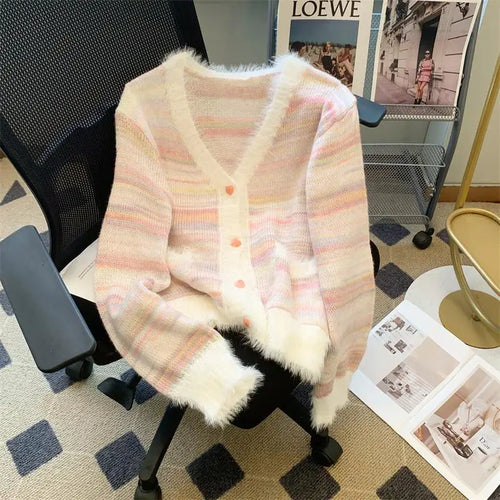 Load image into Gallery viewer, Autumn Winter Rainbow Striped Gradient Long Sleeved Short Hairy Sweater Women's V-neck Single Breasted Knit Pullover Tops 2024
