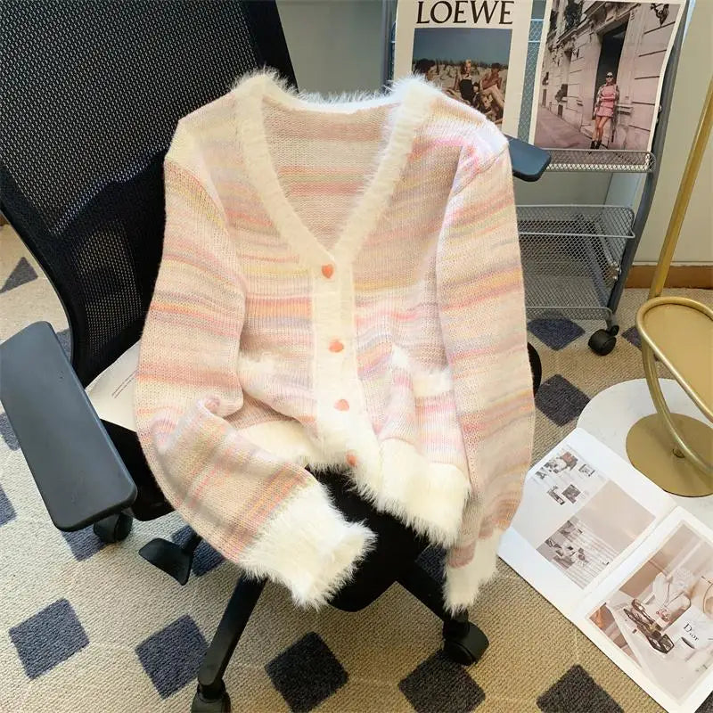 Autumn Winter Rainbow Striped Gradient Long Sleeved Short Hairy Sweater Women's V-neck Single Breasted Knit Pullover Tops 2024