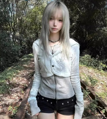 Y2k Aesthetic Fake Two Pieces Zipper Jackets Streetwear Casual Hooded Print Tops Vintage Patchwork Bodycon Coats Women Harajuku