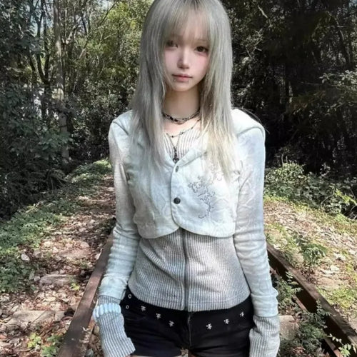 Load image into Gallery viewer, Y2k Aesthetic Fake Two Pieces Zipper Jackets Streetwear Casual Hooded Print Tops Vintage Patchwork Bodycon Coats Women Harajuku
