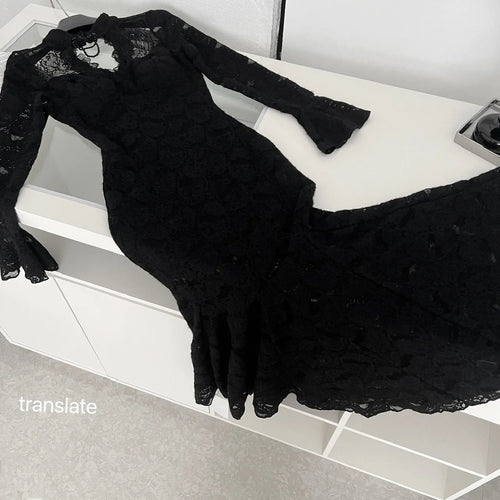 Load image into Gallery viewer, Autumn Chinese Style Black Lace Elegant Hollow Out Prom Gown Fishtail Dress Women Vintage Pink Long Sleeves Party Evening Dress
