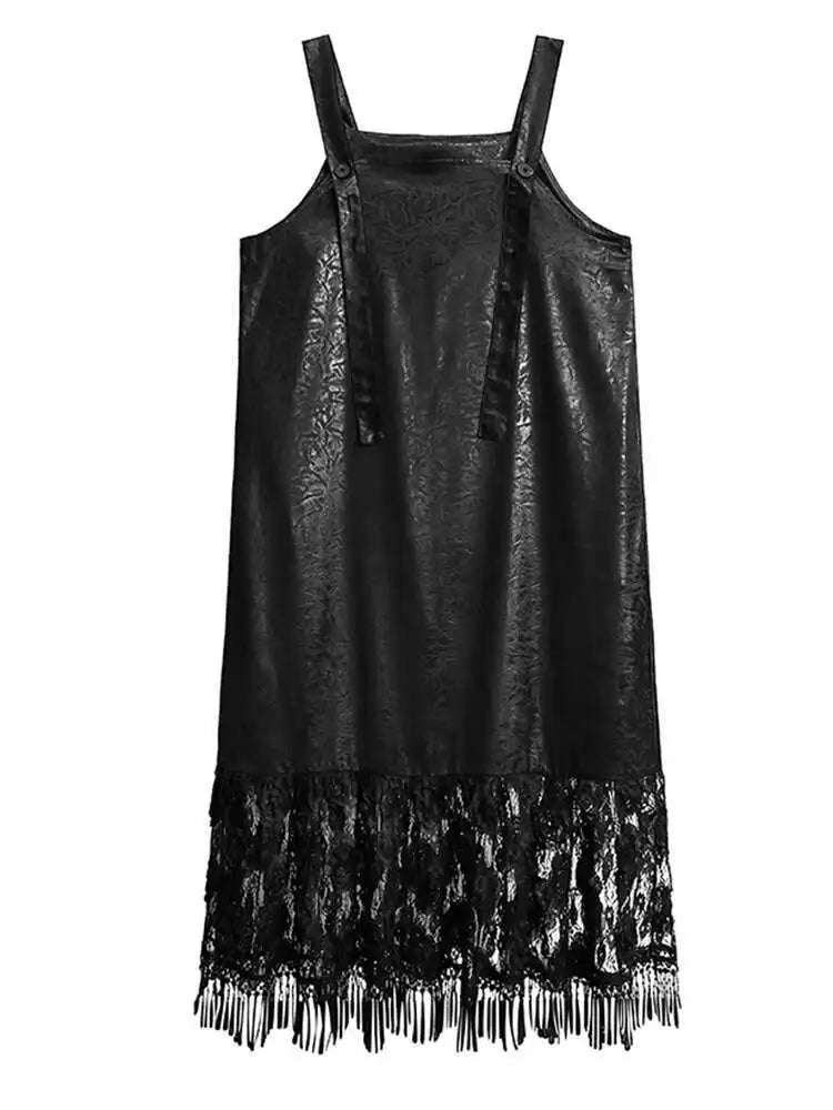 Women Black Pu Leather Hem Lace Big Size Strap Dress New Square Collar Sleeveless Fashion Tide Spring Autumn 2025 1DH7279