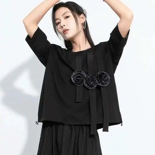 Load image into Gallery viewer, Women Black Flower Ribbons Big Size Casual T-shirt New Round Neck Short Sleeve Fashion Tide Spring Summer 2025 1DH5980
