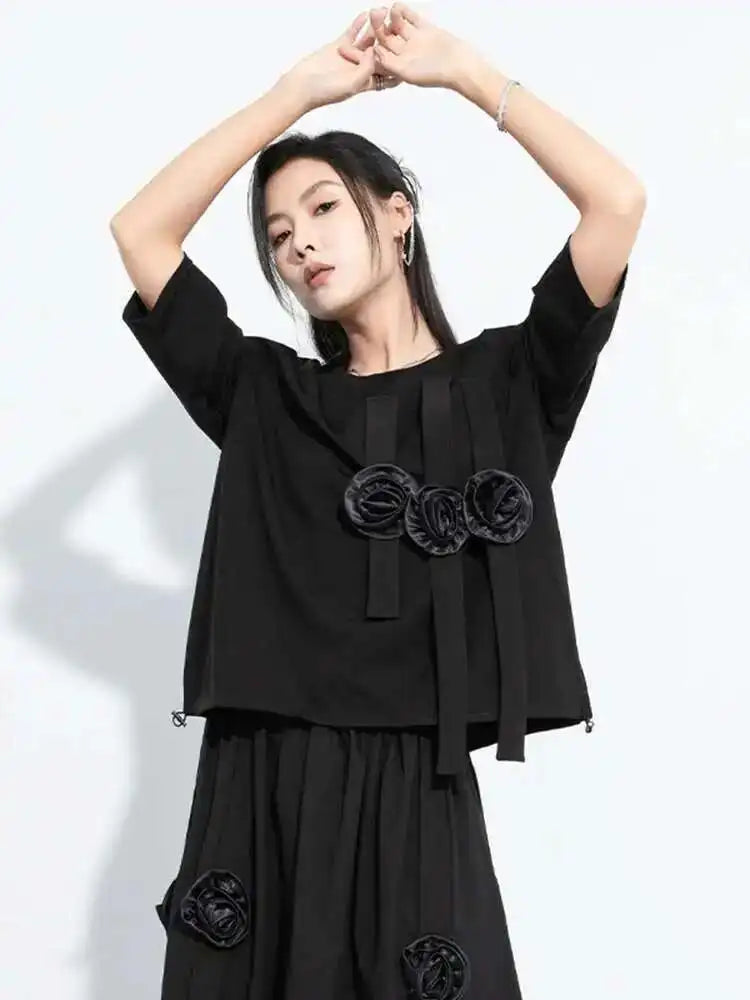 Women Black Flower Ribbons Big Size Casual T-shirt New Round Neck Short Sleeve Fashion Tide Spring Summer 2025 1DH5980