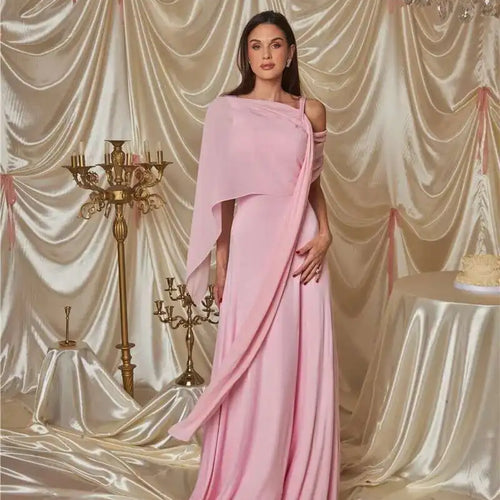 Load image into Gallery viewer, Pink Cape Sleeve Sexy Maxi Dress For Women Off-shoulder Backless Gown Elegant Skew Collar Lace-up Long Dress Vestido
