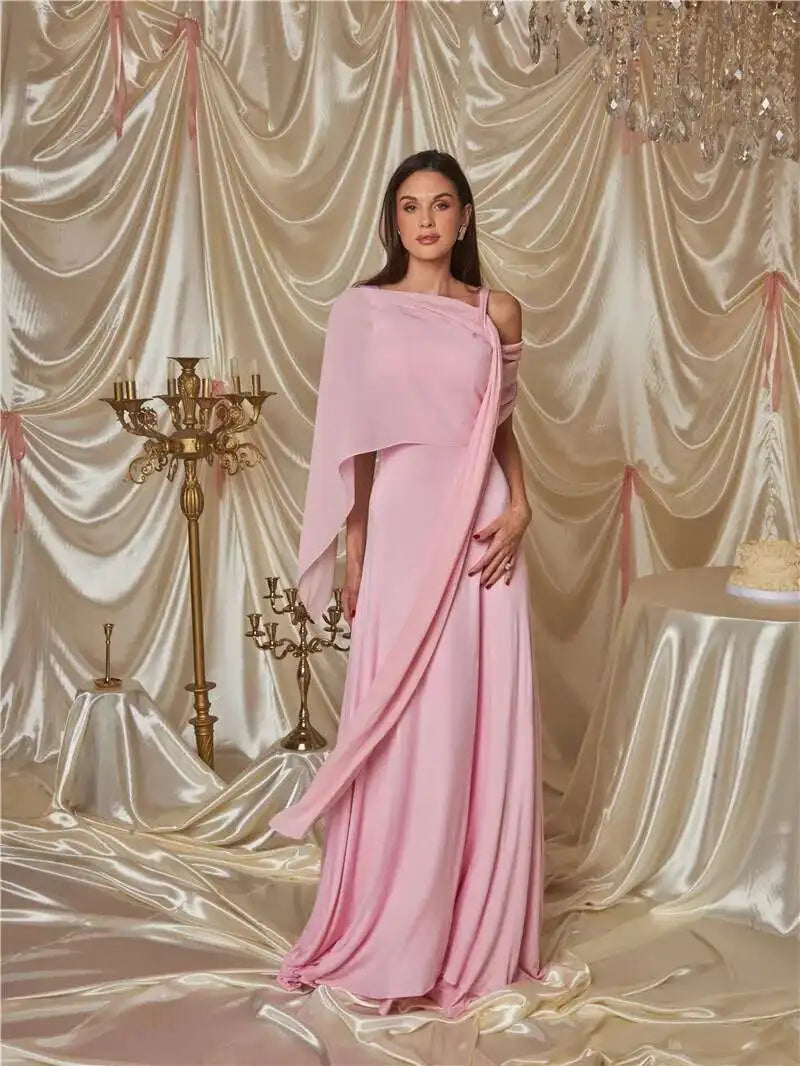 Pink Cape Sleeve Sexy Maxi Dress For Women Off-shoulder Backless Gown Elegant Skew Collar Lace-up Long Dress Vestido