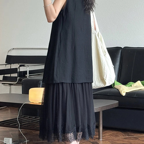 Load image into Gallery viewer, Women Beige Mesh Lace Spliced Elegant Long Vest Dress New Round Neck Sleeveless Fashion Tide Spring Summer 2025 1DJ1216
