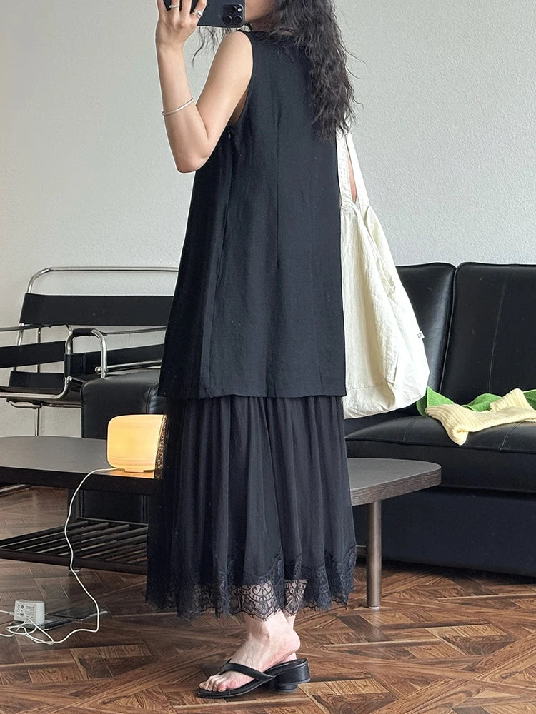 Women Beige Mesh Lace Spliced Elegant Long Vest Dress New Round Neck Sleeveless Fashion Tide Spring Summer 2025 1DJ1216