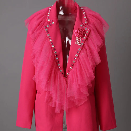 Load image into Gallery viewer, Women Rose Red 3d Flower Rhinestones Mesh Big Size Blazer New Lapel Long Sleeve Jacket Fashion Spring Autumn 2025 CPG3207
