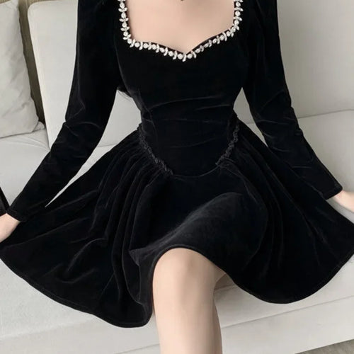Load image into Gallery viewer, Vintage Elegant Black Party Dresses Evening Retro Velvet Tepmweament Wrap Slim Mini Short Dress Square Collar
